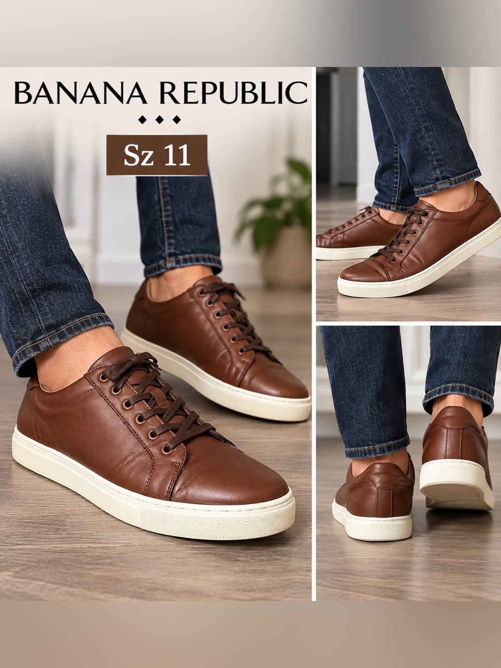 Banana Republic Men's Chestnut Brown Leather Sneakers with Cream Sole Sz 11